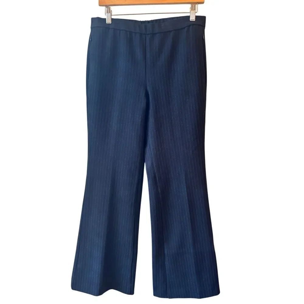 Theory Pull On Wide-leg Pinstripe Trousers Sz 6 Navy Minimalist Career Relax